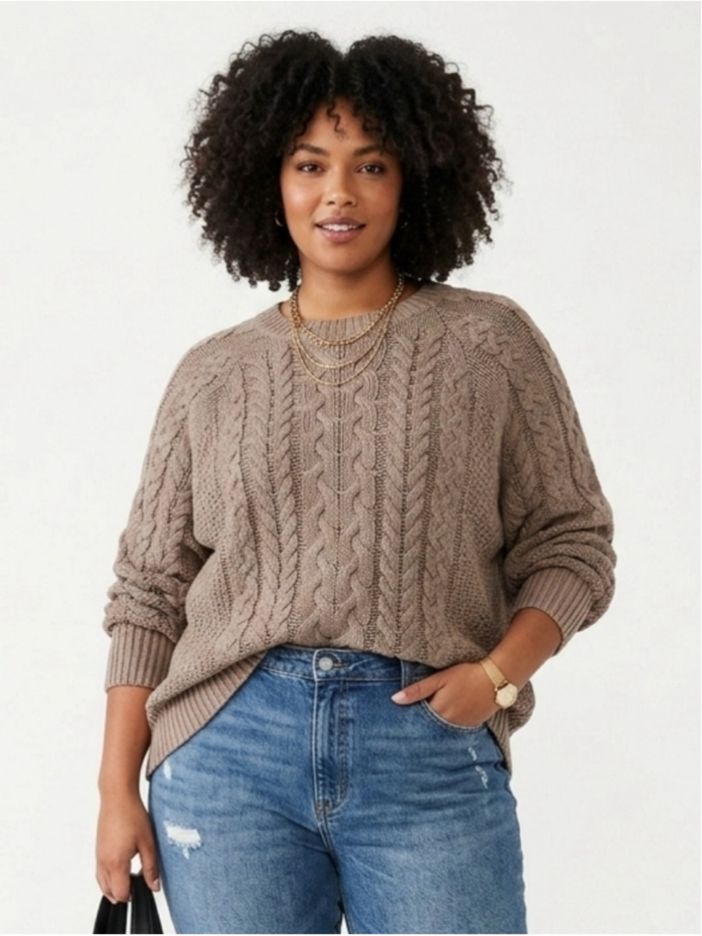 Women's Aerie Taupe Brown Chunky Cable Knit Oversized Pullover Sweater XL - 762